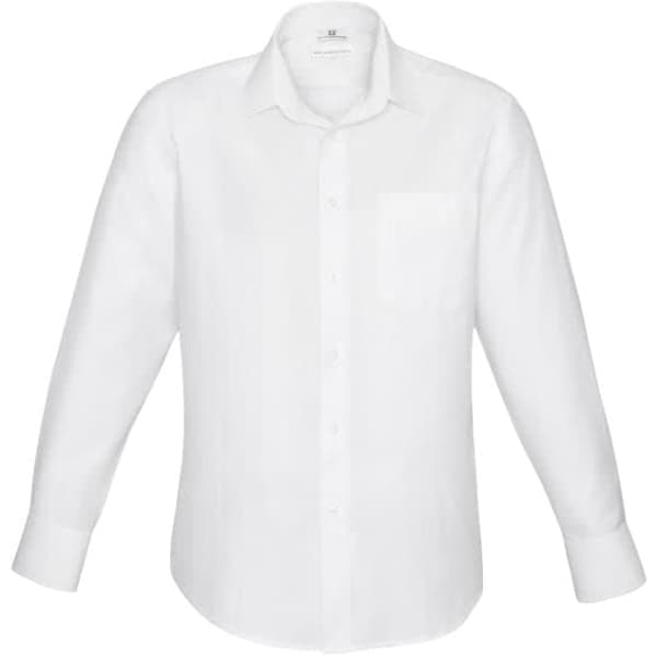 A white long sleeve button-up shirt featuring a chest pocket and a logo.