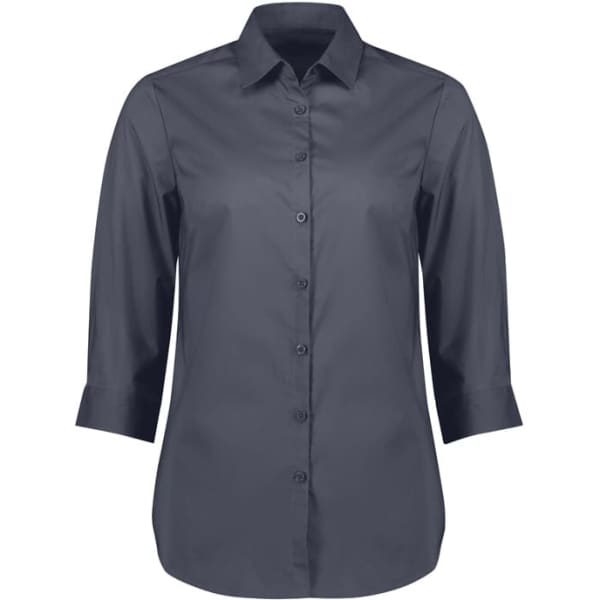 A women's button-up shirt with 3/4 sleeves in a dark navy colour, featuring a logo on the chest.