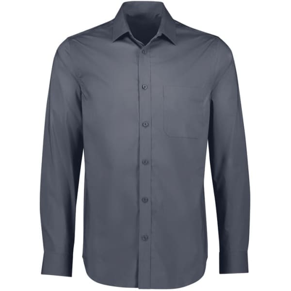 A men's long sleeve button-up shirt in dark grey with a chest pocket and a logo on the shirt.
