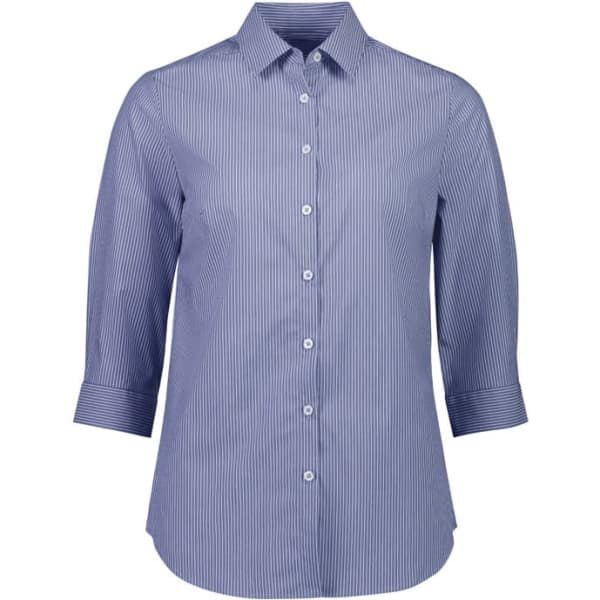 A women's blue and white striped button-up shirt with 3/4 sleeves and a collar. Features buttons down the front and a logo.