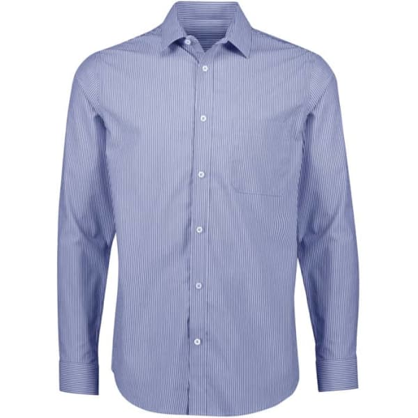 A long sleeve button-up shirt featuring a classic striped design in blue tones. The shirt has a chest pocket and a logo.