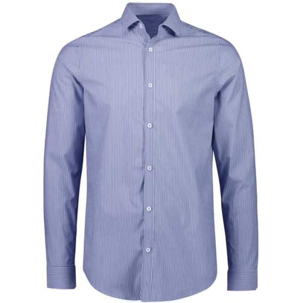 A tailored long sleeve shirt in blue and white stripes, featuring a button-up front and a collar.