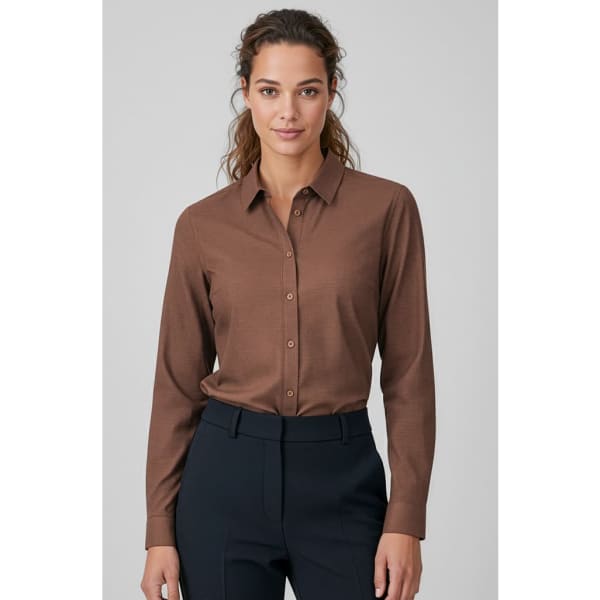 A brown long sleeve button-up shirt for women, featuring a collar and classic button front, styled with tailored pants.