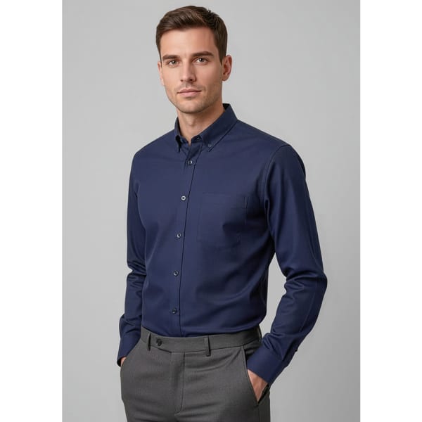 A navy blue long sleeve button-up shirt with a collar and a branding logo displayed.