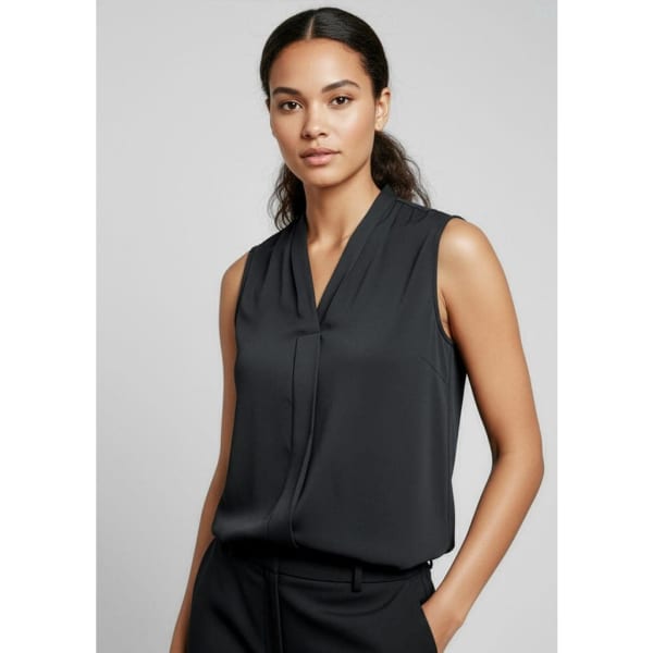 A sleeveless black top with a v-neck design, featuring a subtle front fold and a smooth texture.