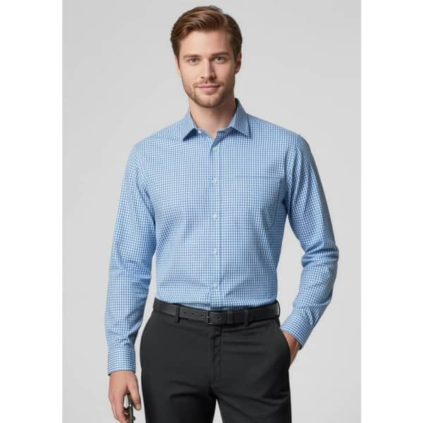 A long-sleeve button-up shirt in blue with a checkered pattern, featuring a collar and a logo.
