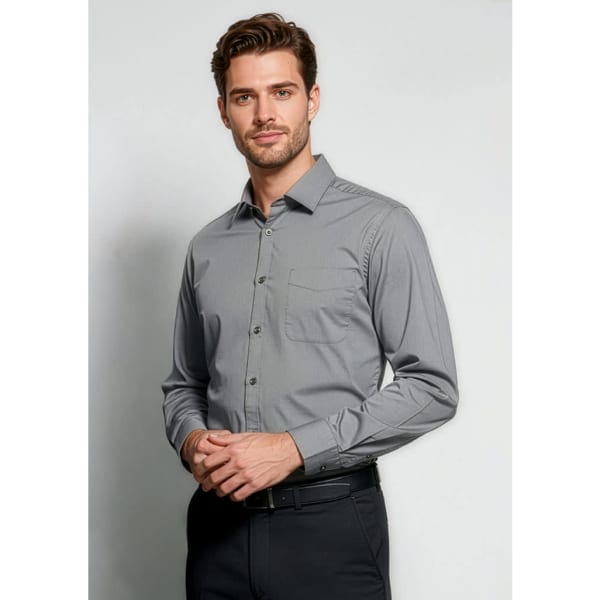 A men's long sleeve button-up shirt in grey featuring a chest pocket and a logo on the side.