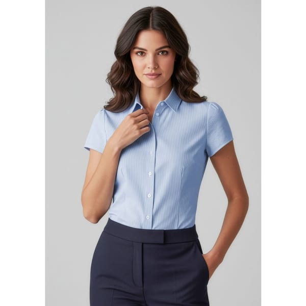 A light blue women's short sleeve button-up shirt with a fitted design, paired with navy trousers.