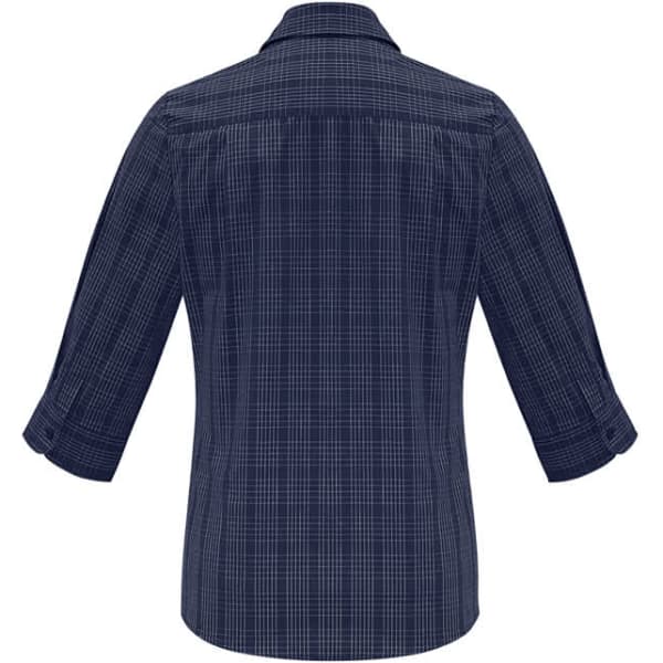 A women's navy plaid button-up shirt featuring 3/4 sleeves and a branding logo on the back.