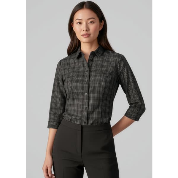 A women's Harper 3/4 sleeve button-up shirt in a black and grey check pattern. The shirt features a pocket and a collar.