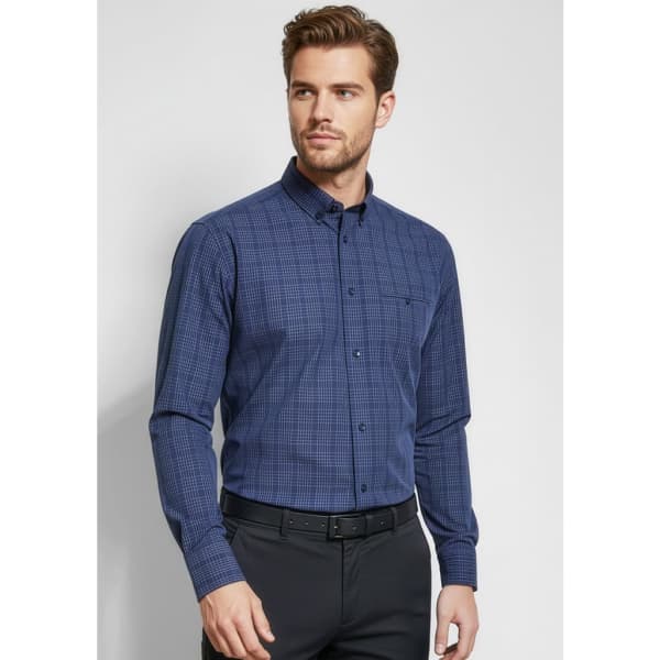 A mens long sleeve button-up shirt in navy blue with a checkered pattern and a pocket. Features a logo on the chest.