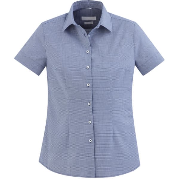 A short-sleeve, button-up shirt in a blue and white check pattern, featuring a collar and a logo.