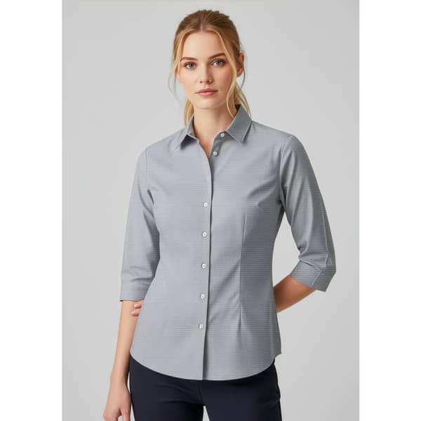 A light grey 3/4 sleeve button-up shirt for women, featuring a classic collar and a fitted silhouette.