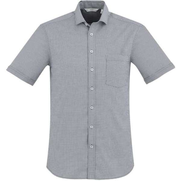 A short sleeve button-up shirt in grey with a single chest pocket and a logo.