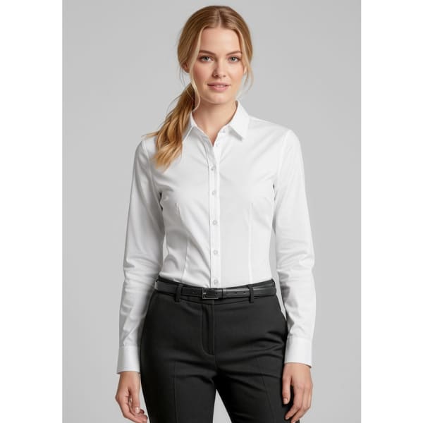 A white women's long sleeve button-up shirt featuring a collar and a structured fit, displayed on a model.