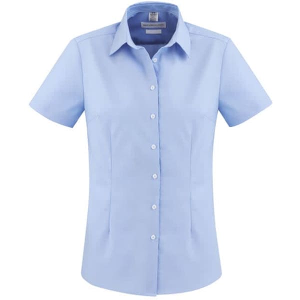 A light blue women's button-up shirt with short sleeves and a tailored fit. It features a logo on the chest.
