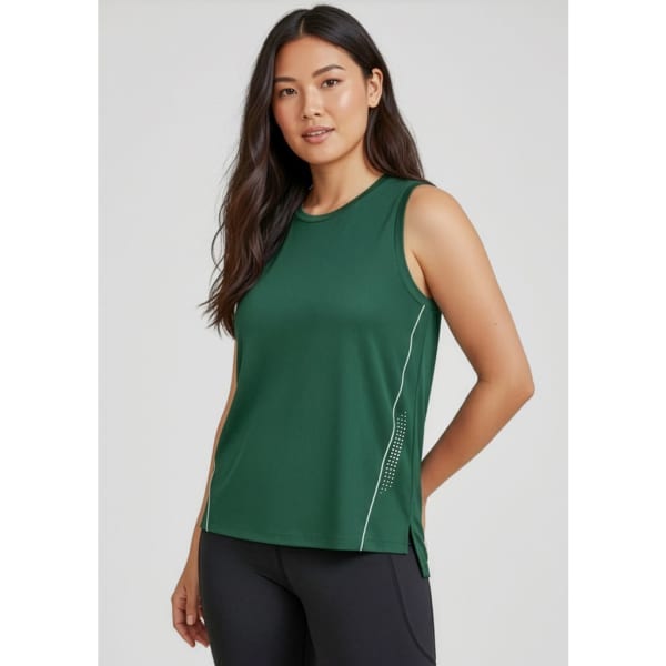 A green women's singlet with a relaxed fit, featuring side details and a brand logo.