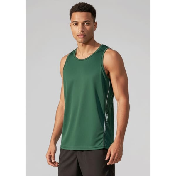 A green men's singlet with a lightweight design, featuring a logo and contrasting side panel detailing.
