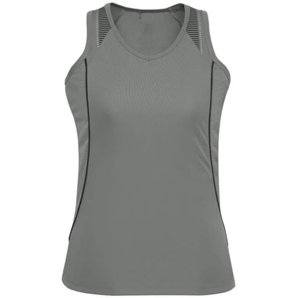 A grey ladies' singlet with side mesh panels and a logo on the front.