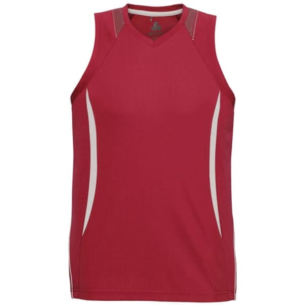 A red men's singlet with side panel detailing and a logo on the front.