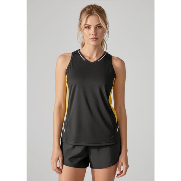 A black and yellow women's singlet with a sporty design, featuring a logo on the front.