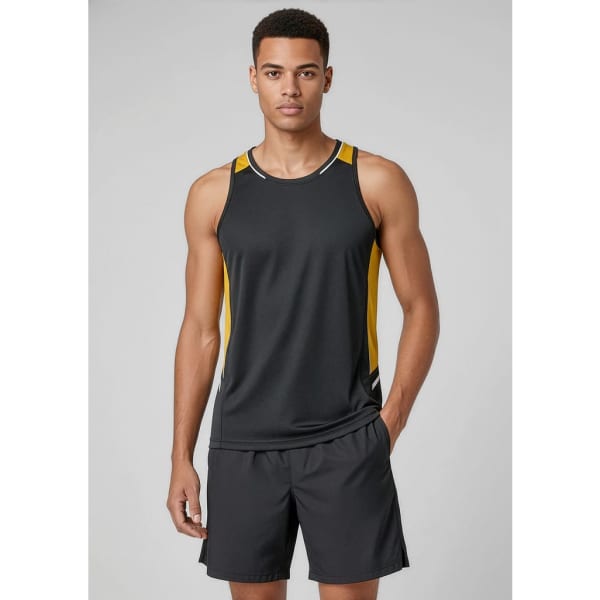 A black men's singlet with yellow accents, designed for active wear, featuring a sporty cut and a logo.