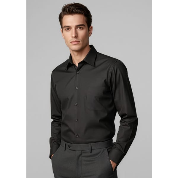 A black long sleeve button-up shirt displayed on a model, featuring a tailored fit and neatly buttoned cuffs.