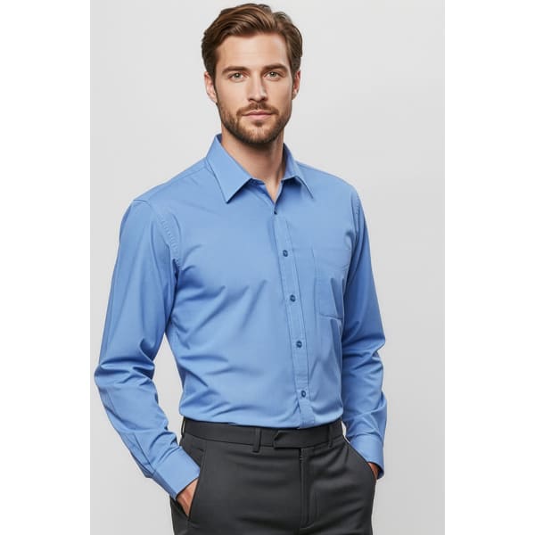 A blue long sleeve button-up shirt featuring a pocket, displayed on a model against a plain background.