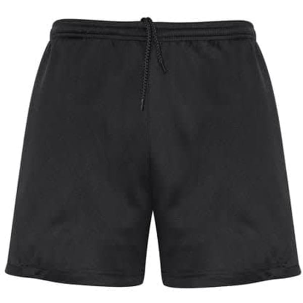 A pair of black sports shorts with an elastic waistband and drawstring. Features a logo.