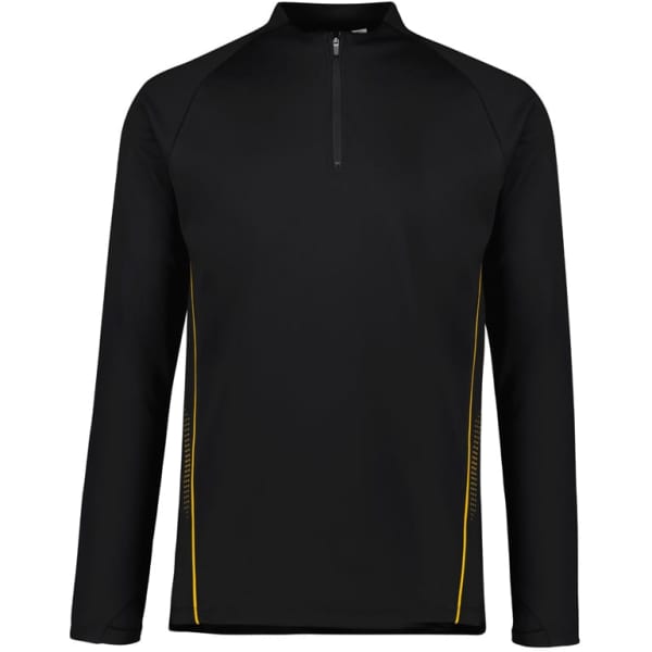 A black unisex mid layer top featuring a quarter zip and yellow accents, made from polar fleece material.
