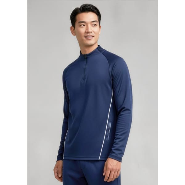 A navy unisex mid-layer top with a half-zip and contrasting side detailing, featuring a logo.