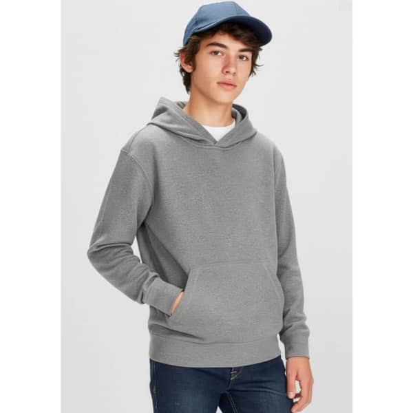 A grey hoodie with a front pocket, worn by a young person, paired with a blue cap. Contains branding.