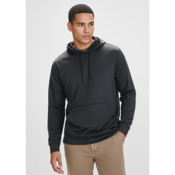 A black hoodie with a front pocket and drawstring hood. It has a simple design and includes branding.
