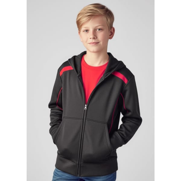 A black hoodie with red detailing, featuring a zip front and a hood, worn by a boy standing with his hands in pockets.