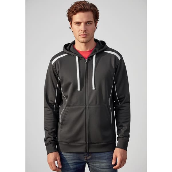A men's black hoodie with contrasting white accents, featuring a zip closure and a hood. It has a logo on it.