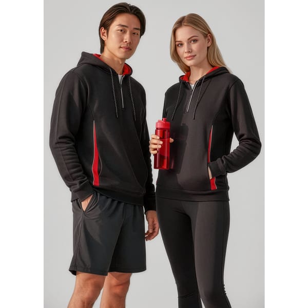 A unisex black hoodie with red accents, featuring a hood and front pockets, displayed on a male and female model.