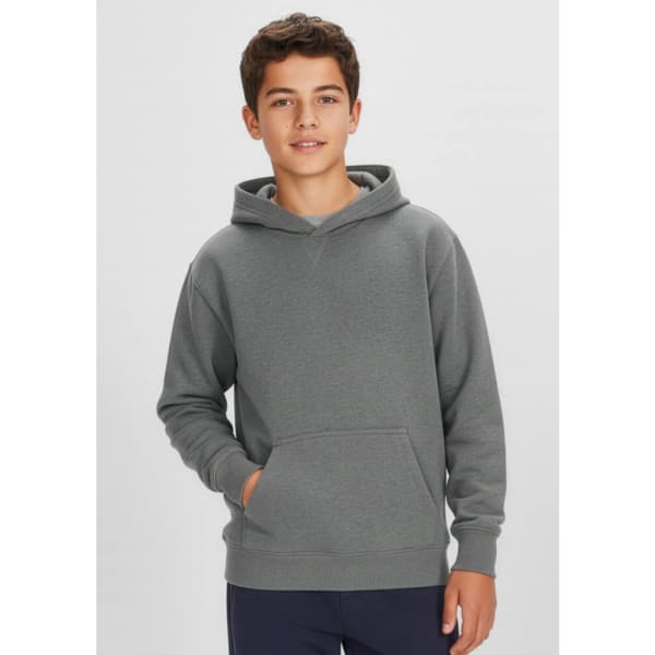 A grey Kids Crew Hoodie with a front pocket and adjustable hood, worn by a young boy. It features a logo.
