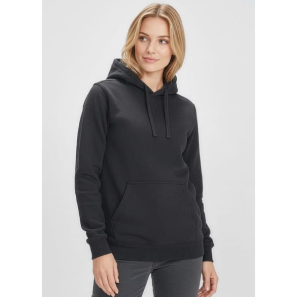 A women's black crew hoodie with a front pocket and drawstring hood, featuring a logo on the side.