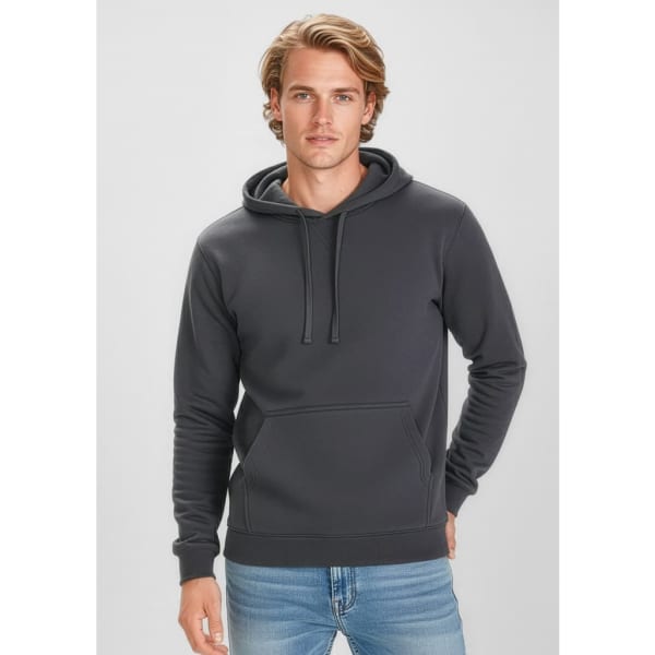 A grey men's crew hoodie with a front pocket and drawstring hood, displayed on a model.