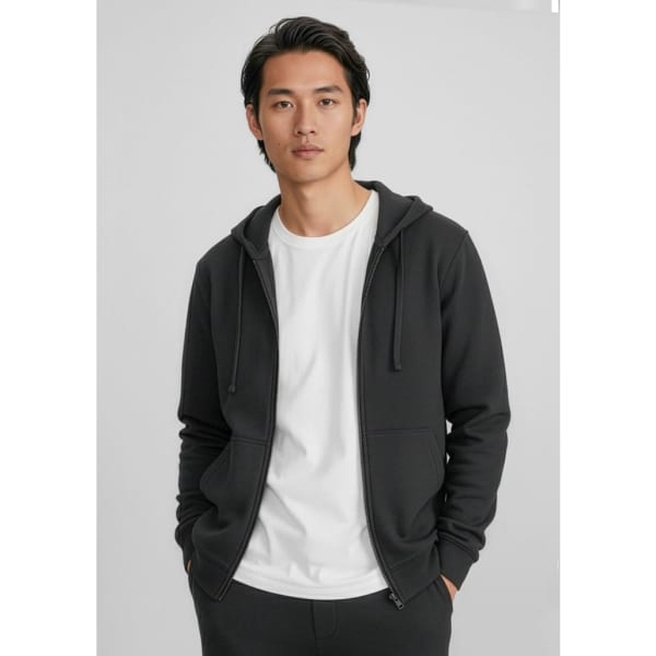 A men's crew zip hoodie in black, featuring a front zip and a hood, styled with a white t-shirt underneath.