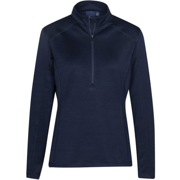 A navy women's jumper featuring a half-zip collar and long sleeves, with a subtle textured design.