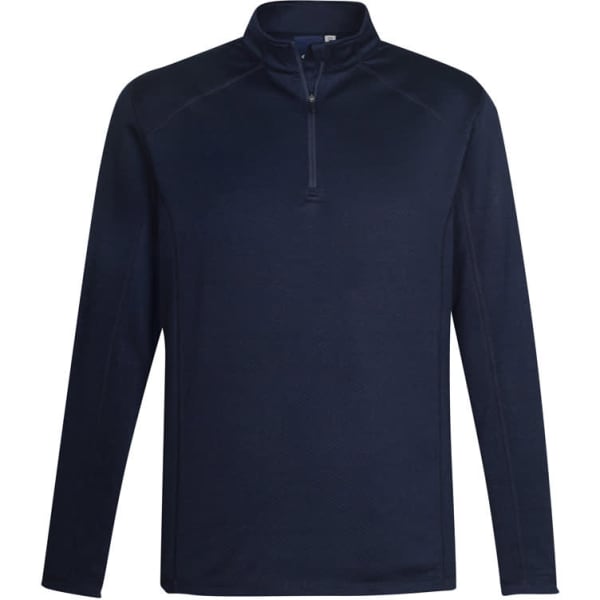 A navy blue men's jumper featuring a half-zip design and long sleeves, with a small logo on the front.