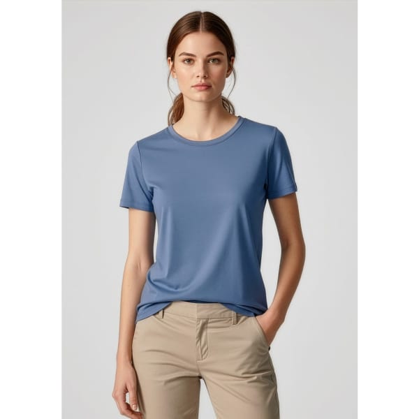 A blue short sleeve tee for women, featuring a round neckline and a fitted silhouette. Includes a logo.