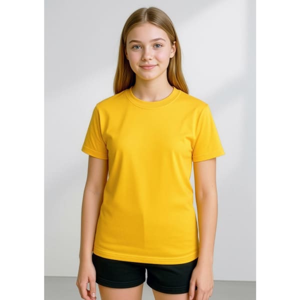 A yellow short sleeve tee for kids, featuring a simple design and a logo on the front.