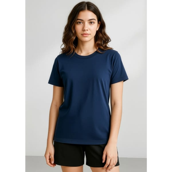 A navy short sleeve tee with a simple design and a logo, paired with black shorts.