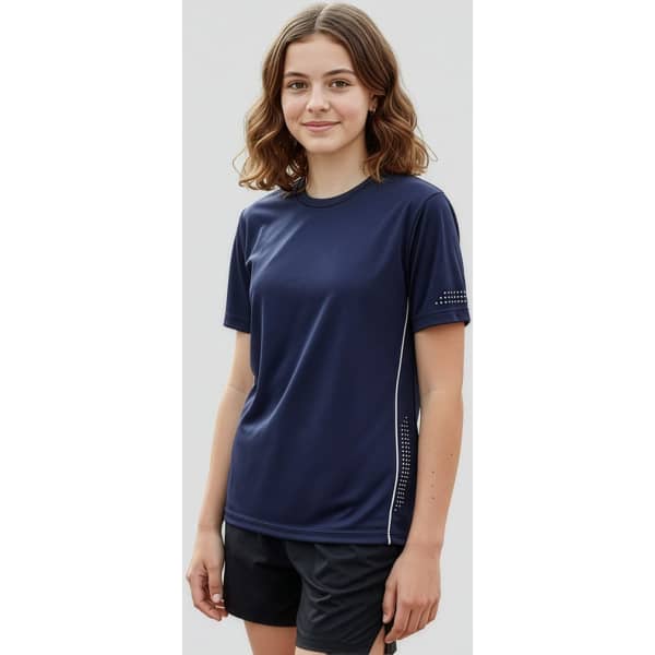 A navy short-sleeve tee for kids with side detailing and a crew neckline. It features a logo on the chest.