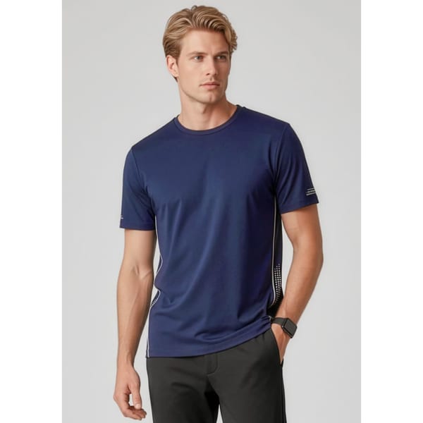 A navy blue men's short sleeve tee featuring a logo and a sleek, modern design.