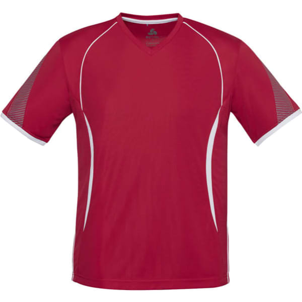 A red kids' t-shirt with white accents and short sleeves. The shirt features a logo on its design.