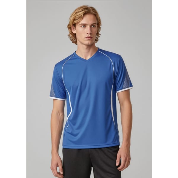 Men's short sleeve tee in blue with white accents and a logo. Features a sporty design.