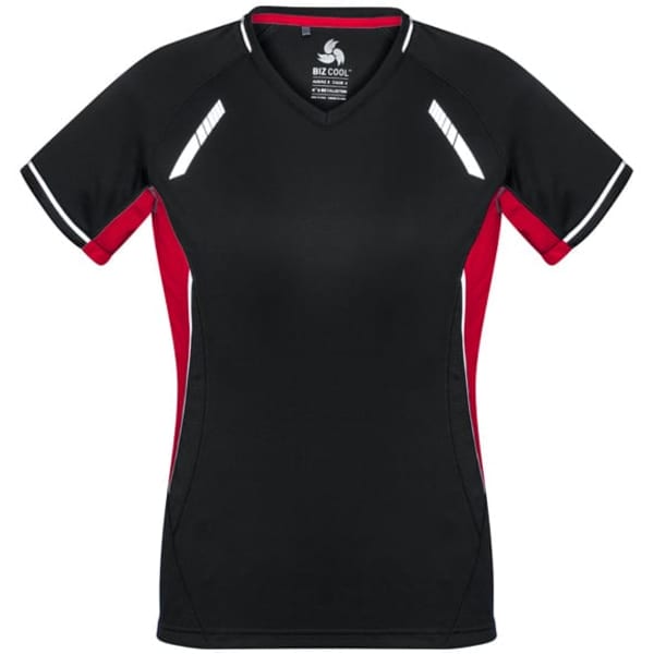 A black and red short sleeve tee with a v-neck and contrasting side panels, featuring a logo.